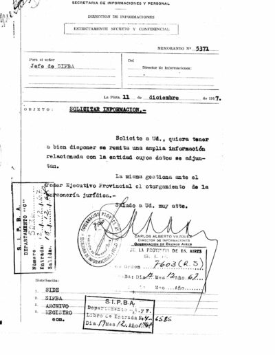 Solicitud de Informe de la dirección de Informaciones de la Provincia sobre la Biblioteca Popular Rivadavia de Escobar. CPM- Fondo DIPPBA – Div. Cen. AyF, Mesa De, por localidades, legajo N° 3. Año 1967.