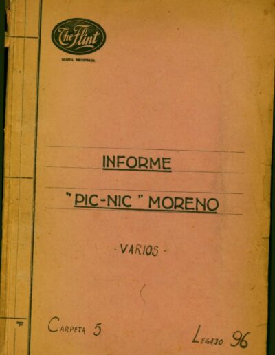 Carátula del legajo sobre un Pic Nic del partido comunista en Moreno. CPM- Fondo DIPPBA- Div. Cen. AyF, Mesa C, carpeta 5, legajo 96. Año 1957.