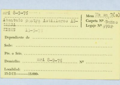 Ficha “Atentado contra Astilleros ASTARSA” que remite al legajo Mesa DS, carpeta daños,3702. CPM- Fondo DIPPBA- Div. Cen. AyF, fichero de acontecimientos por localidad. Año 1976.