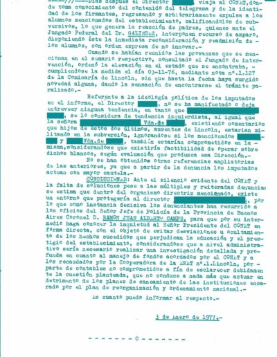 Informe de Inteligencia del Legajo de Mesa DS sobre investigación E.n.e.t. Nº 1 de Lincoln. CPM- Fondo DIPPBA- Div. Cen. AyF, Mesa DS, Factor Varios, Legajo 7186. Año 1976.
