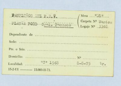 Ficha “Panfleto del PRT. Planta FORD” que remite al legajo Mesa DS, carpeta varios,3348. CPM- Fondo DIPPBA- Div. Cen. AyF, fichero de acontecimientos por localidad. Año 1975.