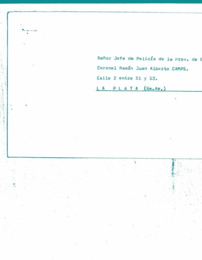 Sobre dirigido al Jefe de la Policía de la Provincia de Bs As, Ramón Juan Alberto Camps del Legajo de Mesa DS sobre investigación E.n.e.t. Nº 1 de Lincoln. CPM- Fondo DIPPBA- Div. Cen. AyF, Mesa DS, Factor Varios, Legajo 7186. Año 1976.