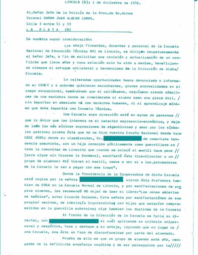 Carta de docentes y personal de la escuela E.n.e.t. Nª 1 de Lincoln dirigida al Jefe de la Policía de la Provincia de Bs As. CPM- Fondo DIPPBA- Div. Cen. AyF, Mesa DS, Factor Varios, Legajo 7186. Año 1976.