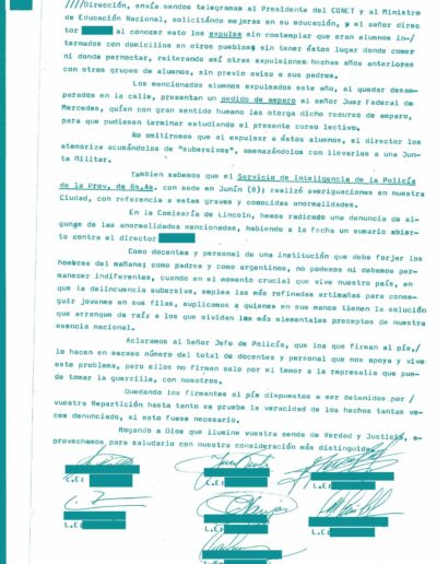 Carta de docentes y personal de la escuela E.n.e.t. Nª 1 de Lincoln dirigida al Jefe de la Policía de la Provincia de Bs As. CPM- Fondo DIPPBA- Div. Cen. AyF, Mesa DS, Factor Varios, Legajo 7186. Año 1976.