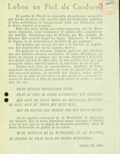 Panfleto sin firma que denuncia el accionar del intendente de Pilar, hallados en la vía pública. CPM- Fondo DIPPBA- Div. Cen. AyF, Mesa A, Factor Político, antecedentes Comunas. Año 1968.