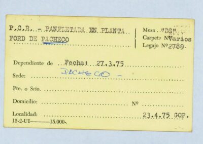 Ficha “PCR, panfleteada en planta de FORD de Pacheco” que remite al legajo Mesa DS 2789. CPM- Fondo DIPPBA- Div. Cen. AyF, fichero por acontecimientos por localidad. Año 1975.