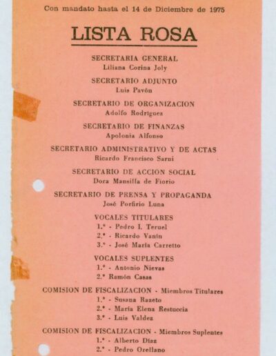 Boletas para la elección de autoridades del Sindicato de trabajadores municipales de General Rodríguez. CPM – Fondo DIPPBA- Div. Cen. AyF, Mesa B, Factor Gremial, Carpeta 58, Legajo 1. Año 1973.