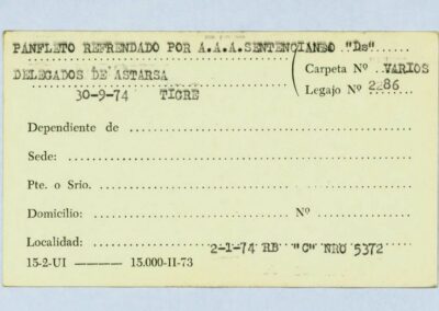 Ficha “Panfletos refrendados por la A.A.A. sentenciado [a] delegados de ASTARSA” que remite al legajo Mesa DS 2286. CPM- Fondo DIPPBA- Div. Cen. AyF, fichero por acontecimientos por localidad. Año 1974.