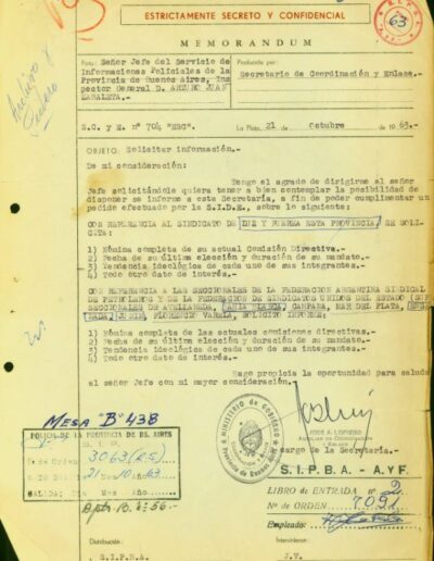 Pedido de Informes sobre integrantes de la comisión directiva de los trabajadores del sindicato de Luz y Fuerza. CPM- Fondo DIPPBA- Div. Cen. AyF. Mesa B, carpeta 79, legajo 3. Año 1963