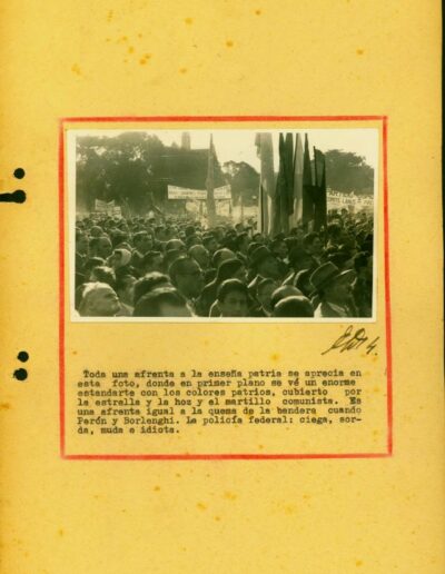 Fotografía enviada a la policía por un ciudadano de Moreno -que acompaña una serie de 11 fotos- para denunciar la propaganda comunista en un Pic nic realizado en esa localidad. CPM- Fondo DIPPBA- Div. Cen. AyF, Mesa C, carpeta 5, legajo 96. Año 1957.