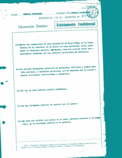 Anexo confidencial del Registro de entidades gremiales. Unión Obreros Madereros. CPM – Fondo DIPPBA- Div. Cen. AyF, Mesa B, Factor Gremial, Carpeta 58, Legajo 7. Año: 1953
