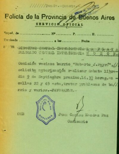 Autorización policialpara la realización de una reunión de vecinos del Barrio Roberto Payró. CPM- Fondo DIPPBA- Div. Cen. AyF. Mesa De, por localidad, legajo 95.