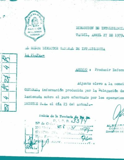 Parte de inteligencia sobre la situación gremial en el Frigorífico General Rodríguez. CPM – Fondo DIPPBA- Div. Cen. AyF, Mesa B, Factor Gremial, Carpeta 58, Legajo 10. Año 1979.