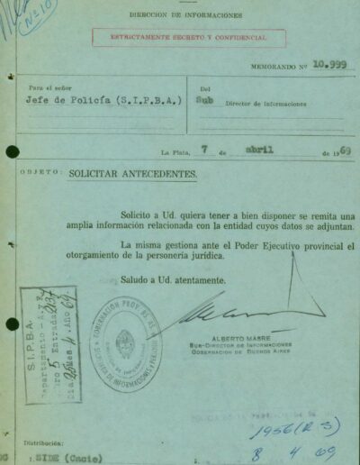 Solicitud de antecedentes de la Sociedad Rural. CPM- Fondo DIPPBA – Div. Cen. AyF, Mesa B, Carpeta 75, Legajo 1. Asunto: Sociedad Rural de Magdalena. Año 1969.