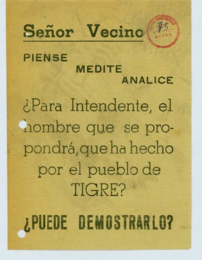 Panfleto sin firma: “Señor vecino”. CPM- Fondo DIPPBA – Div. Cen. AyF, Mesa A, factor Partido político, Serie Antecedentes de Comuna. Año 1971