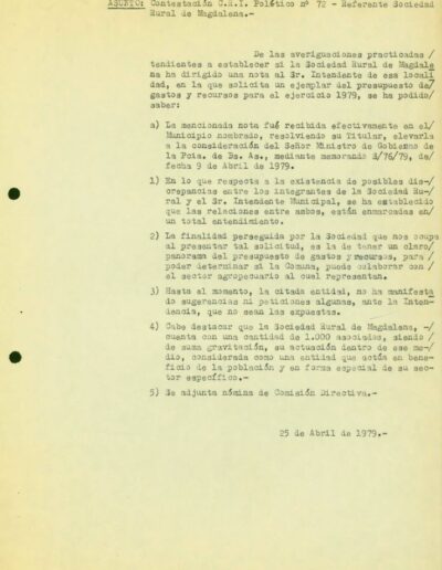 Informe de inteligencia sobre la Sociedad Rural a partir de una carta que la institución le envía al intendente. CPM- Fondo DIPPBA – Div. Cen. AyF, Mesa B, Carpeta 75, Legajo 1. Asunto: Sociedad Rural de Magdalena. Año 1979.