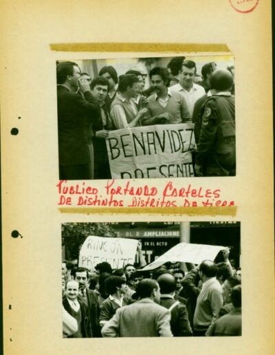Fotografías del conflicto en la Comuna de Tigre. El 30 de septiembre de 1971 alrededor de 3000 personas se manifiestan en las inmediaciones para impedir la asunción del interventor. CPM- Fondo DIPPBA – Div. Cen. AyF, Mesa A, factor Partido político, Serie Antecedentes de Comuna. Año 1971
