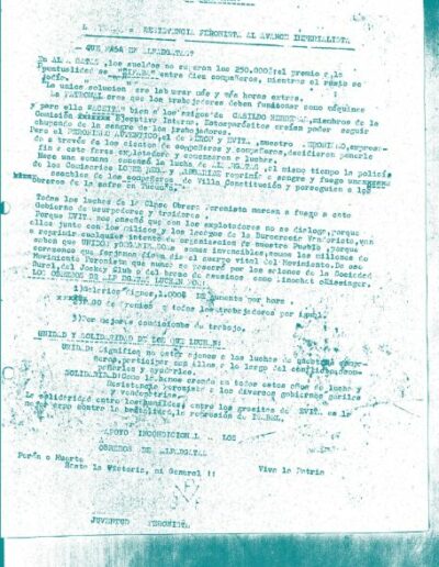Volante firmado por la Juventud Peronista en apoyo a los obreros de Alpargatas. CPM- Fondo DIPPBA- Div. Cen. AyF, Mesa B, factor gremial, Serie Actividad panfletaria. Año 1975.