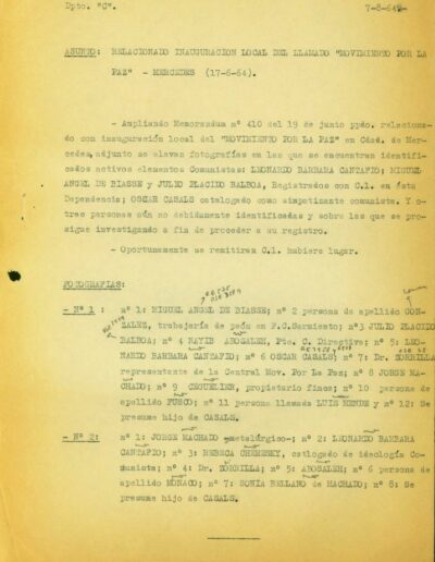 Informe de inteligencia relacionado con las fotografías de la cena de inauguración del local “Movimiento por la Paz”, del legajo del Partido Comunista de Mercedes. CPM- Fondo DIPPBA- Div. Cen. AyF, Mesa C, Serie Colateral, carpeta 4, legajo 88. Año 1964.