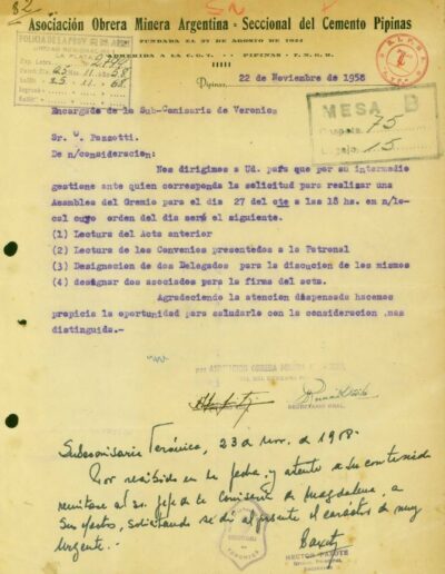 Solicitud de autorización para la realización de una asamblea en el sindicato de trabajadores mineros. CPM- Fondo DIPPBA – Div. Cen. AyF, Mesa B, Carpeta 75, Legajo 15. Asunto: Asociación Obrera minera Argentina. Sec. Cemento Pipinas. Año 1958.