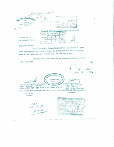 Carta en la que se solicita autorización para realizar acto inaugural de una Unidad Básica del Partido Justicialista. CPM- Fondo DIPPBA- Div. Cen. AyF, Mesa A, Factor político, Carpeta por Localidad, Legajo 1. Año 1972.