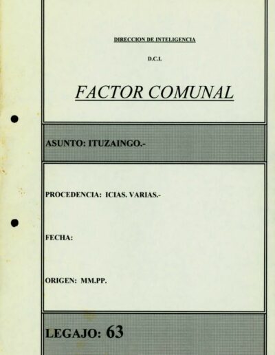 Carátula del legajo “Ituzaingó”. CPM- Fondo DIPPBA – Div. Cen. AyF, Material sin Mesa, Factor Comunal, Legajo 63. Año 1998.