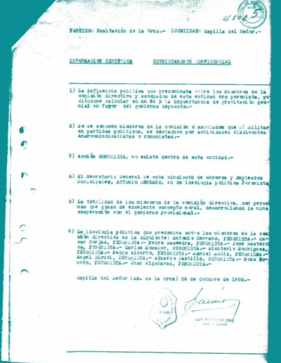 Informe Estrictamente confidencial sobre los antecedentes político ideológicos de los y las integrantes del Sindicato de Obreros y empleados municipales. CPM- Fondo DIPPBA- Div. Cen. AyF. Mesa B, carpeta 41, legajo 7. Año 1955.