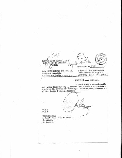 Informe de inteligencia sobre la entrevista entre el intendente Julio César Gioscio y el dirigente de la carne Carlos Etcheun. CPM- Fondo DIPPBA- Div. Cen. AyF, Mesa A, Factor Político, Legajo 72, tomo 1. Año 1985.