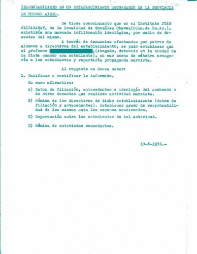 Informe de inteligencia sobre posible infiltración ideológica en el Instituto Juan Elicagaray. CPM- Fondo DIPPBA- Div. Cen. AyF, Mesa DS, Carpeta Varios, legajo 6050. Año 1976.