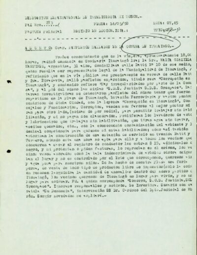 Informe de Inteligencia sobre Panfletos hallados en la comuna de ituzaingó denunciando hechos de corrupción. CPM- Fondo DIPPBA – Div. Cen. AyF, Material sin Mesa, Factor Comunal, Legajo 63. Año 1998.