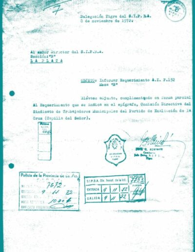 Memorandum de la Delegación Tigre, en el que se señala que fue remitida información sobre la Comisión Directiva del Sindicato de Obreros y empleados municipales. CPM- Fondo DIPPBA- Div. Cen. AyF. Mesa B, carpeta 41, legajo 7. Año 1972.