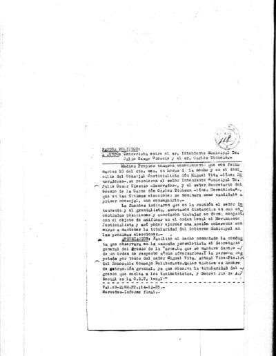 Informe de inteligencia sobre la entrevista entre el intendente Julio César Gioscio y el dirigente de la carne Carlos Etcheun. CPM- Fondo DIPPBA- Div. Cen. AyF, Mesa A, Factor Político, Legajo 72, tomo 1. Año 1985.