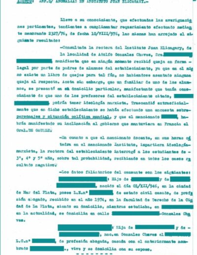 Informe de inteligencia sobre posible infiltración ideológica en el Instituto Juan Elicagaray. CPM- Fondo DIPPBA- Div. Cen. AyF, Mesa DS, Carpeta Varios, legajo 6050. Año 1976.