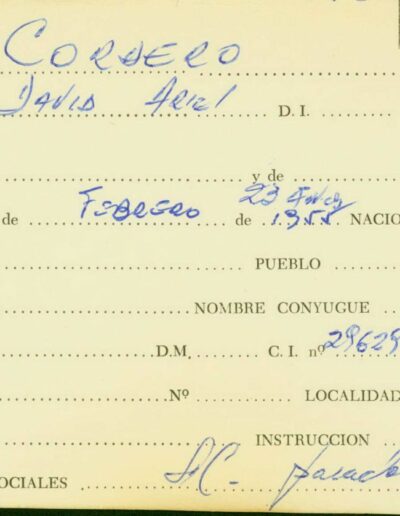 Ficha personal de Daniel David Cordero, que remite al Legajo de Mesa DS14.878 por solicitud de paradero. CPM- Fondo DIPPBA- Div. Cen. AyF, fichero onomástico.