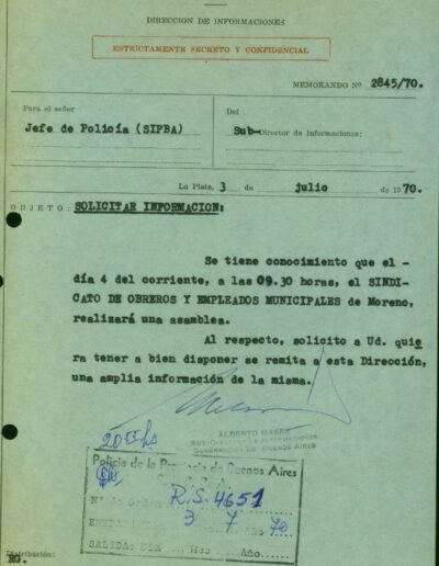 Solicitud de información sobre una asamblea en el Sindicato de obreros y empleados municipales. CPM- Fondo DIPPBA- Div. Cen. AyF, Mesa B, factor gremial, Carpeta 81, legajo 1,