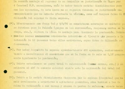 Informe de inteligencia en el que se informa sobre hechos ocurridos en la planta Ford. Allí se menciona la detención por parte del Ejército de 12 personas catalogadas como activistas. CPM- Fondo DIPPBA- Gral. Pacheco.Cen. AyF, Mesa B, factor gremial, Carpeta 117, legajo 34, tomo 1. Año 1976.