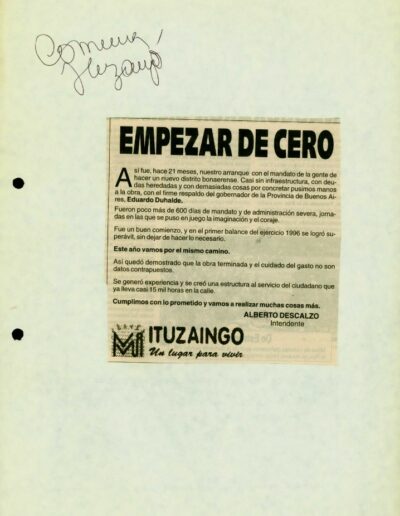 Solicitada publicada en el diario Crónica donde se realiza un balance de la gestión del nuevo Municipio. CPM- Fondo DIPPBA – Div. Cen. AyF, Material sin Mesa, Factor Comunal, Legajo 63. Año 1997.