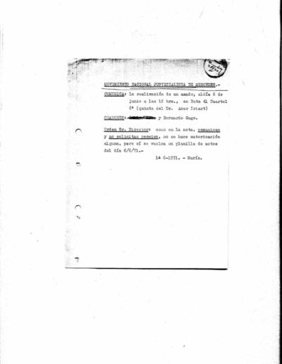 Memorándum que informa que el Partido Justicialista comunicó que realizará un acto, sin solicitar permiso.CPM- Fondo DIPPBA- Div. Cen. AyF, Mesa A, partidos políticos, legajo 1. Año 1971.