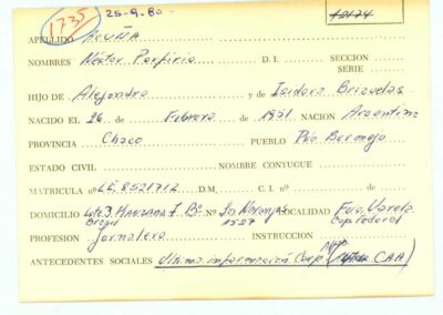 Ficha de Acuña Néstor Porfirio. CPM- Fondo DIPPBA- Div. Cen. AyF, fichero onomástico. Año 1980.
