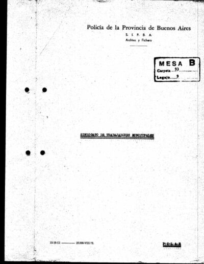 Carátula del legajo del Sindicato de trabajadores municipales. CPM- Fondo DIPPBA- Div. Cen. AyF, Mesa B, carpeta 93, Legajo 9.