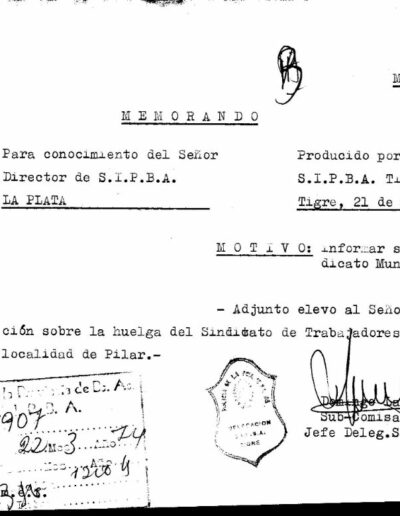 Memorándum informando el paro de actividades de los trabajadores municipales de Pilar. CPM- Fondo DIPPBA- Div. Cen. AyF, Mesa B, carpeta 93, Legajo 9. Año 1974.