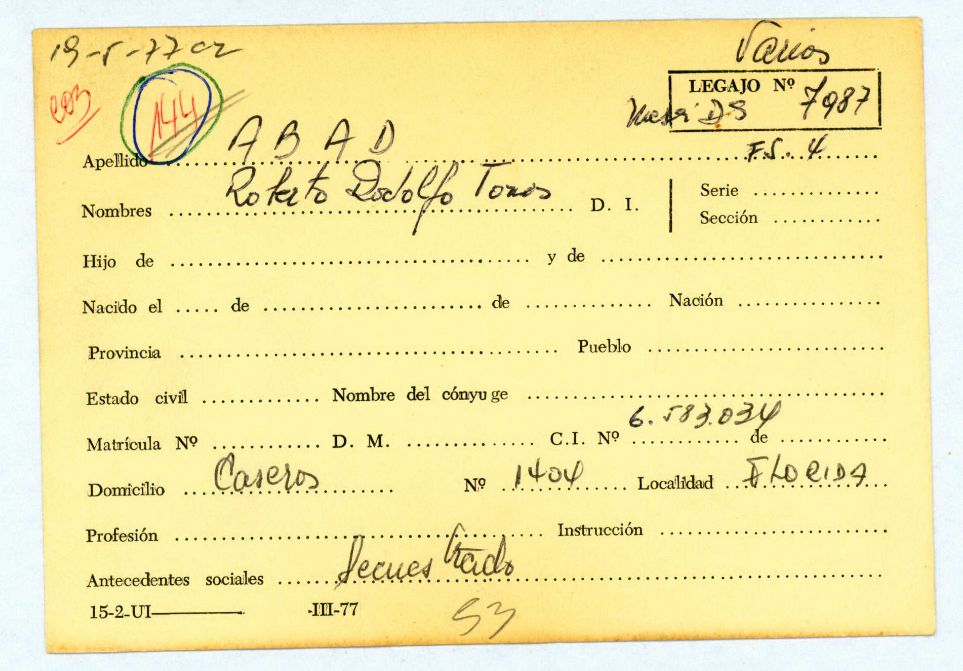 Ficha personal de Abad Roberto Rodolfo Tomás que remite al legajo Mesa Ds Varios, 7987- CPM – Fondo DIPPBA- Div. Cen. AyF, Fichero onomástico. Ficha personal de Abad Roberto Rodolfo Tomás que remite al legajo Mesa Ds Varios, 7987- CPM – Fondo DIPPBA- Div. Cen. AyF, Fichero onomástico.