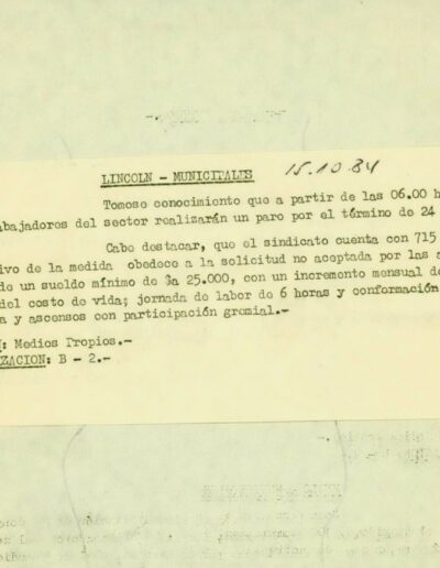 Memorándum del legajo del Sindicato Obreros y Empleados municipales de Lincoln. CPM- Fondo DIPPBA- Div. Cen. AyF, Mesa B, carpeta 70, legajo 7. Año 1984.