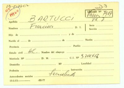 Ficha de Bartucci Francisco que remite al legajo Mesa Ds 7987. CPM-Fondo DIPPBA- Div. Cen. AyF, fichero onomástico. Año 1977.