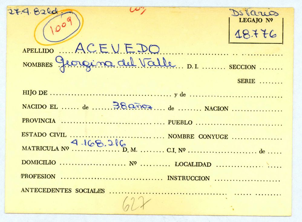 Ficha personal de Acevedo Georgina del Valle que remite al legajo Mesa Ds Varios, 18776- CPM – Fondo DIPPBA- Div. Cen. AyF, Fichero onomástico. Ficha personal de Acevedo Georgina del Valle que remite al legajo Mesa Ds Varios, 18776- CPM – Fondo DIPPBA- Div. Cen. AyF, Fichero onomástico.