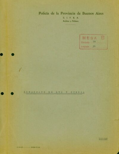 Carátula del legajo del Sindicato de Luz y fuerza de Lincoln. CPM- Fondo DIPPBA- Div. Cen. AyF, Mesa B, carpeta 70, legajo 31.