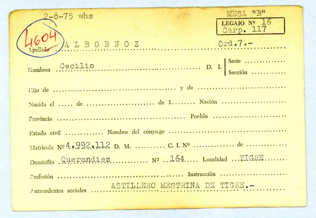 Ficha personal de Albornoz Cecilio que remite al legajo Mesa B Carp. 117 Legajo 16- CPM – Fondo DIPPBA- Div. Cen. AyF, Fichero onomástico. Ficha personal de Albornoz Cecilio que remite al legajo Mesa B Carp. 117 Legajo 16- CPM – Fondo DIPPBA- Div. Cen. AyF, Fichero onomástico.