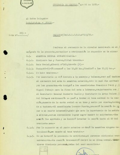 Informe de inteligencia sobre asamblea del Sindicato de Luz y fuerza de Lincoln. CPM- Fondo DIPPBA- Div. Cen. AyF, Mesa B, Carpeta 70, legajo 31. Año 1978.