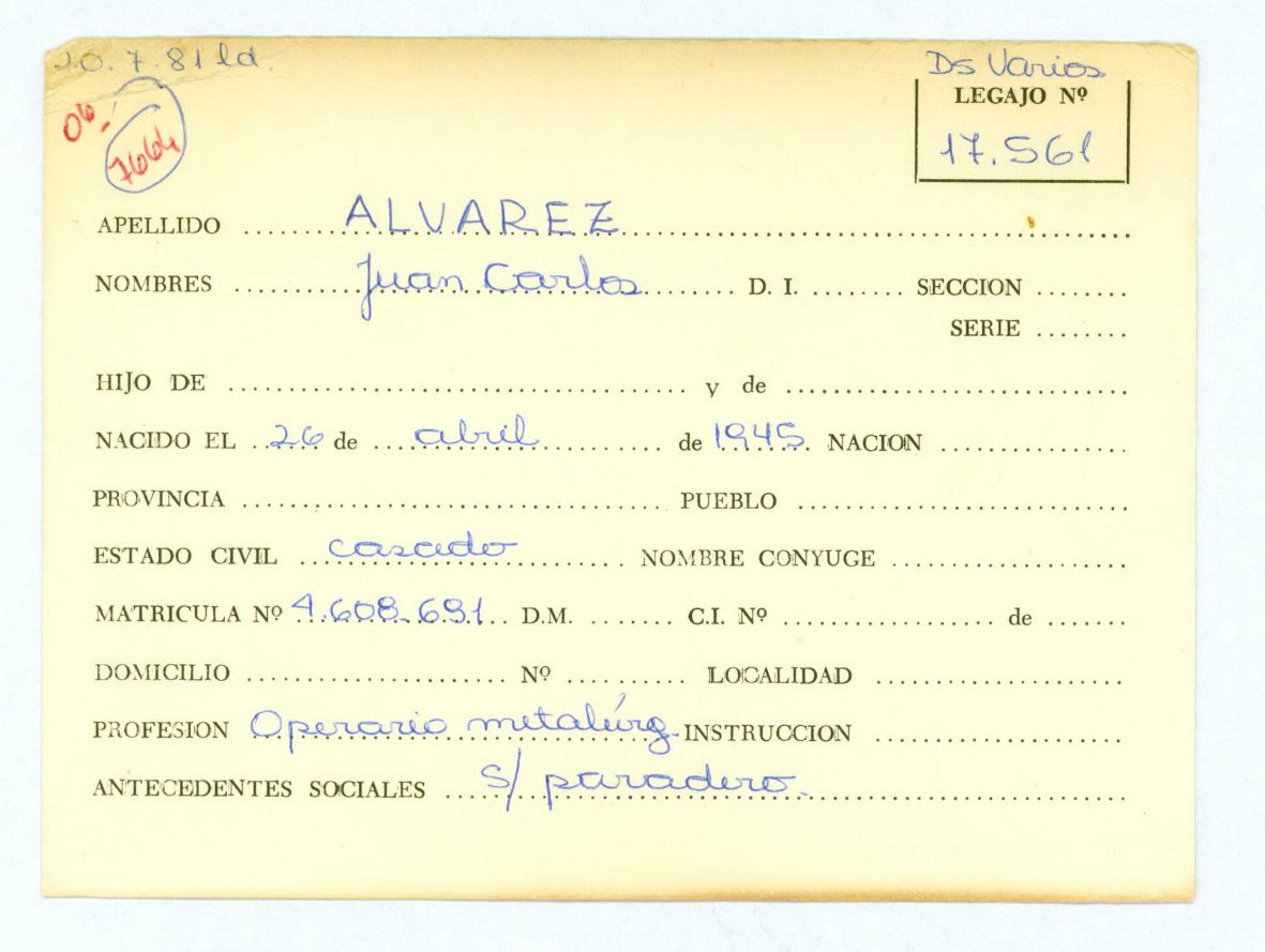 Ficha personal de Alvarez Juan Carlos que remite al legajo Mesa Ds Varios, 17.561- CPM – Fondo DIPPBA- Div. Cen. AyF, Fichero onomástico. Ficha personal de Alvarez Juan Carlos que remite al legajo Mesa Ds Varios, 17.561- CPM – Fondo DIPPBA- Div. Cen. AyF, Fichero onomástico.