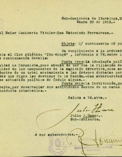 Informe de inteligencia sobre los antecedentes políticos de los integrantes del Club Atlético "Ituzaingó". CPM- Fondo DIPPBA- Div. Cen. AyF. Mesa De, por localidad, legajo 5. Año 1953